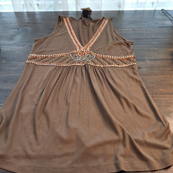 Y2K French Connection Sequined Babydoll Tank Top Sz S Brown Forest Fairy NWT - Picture 5 of 7